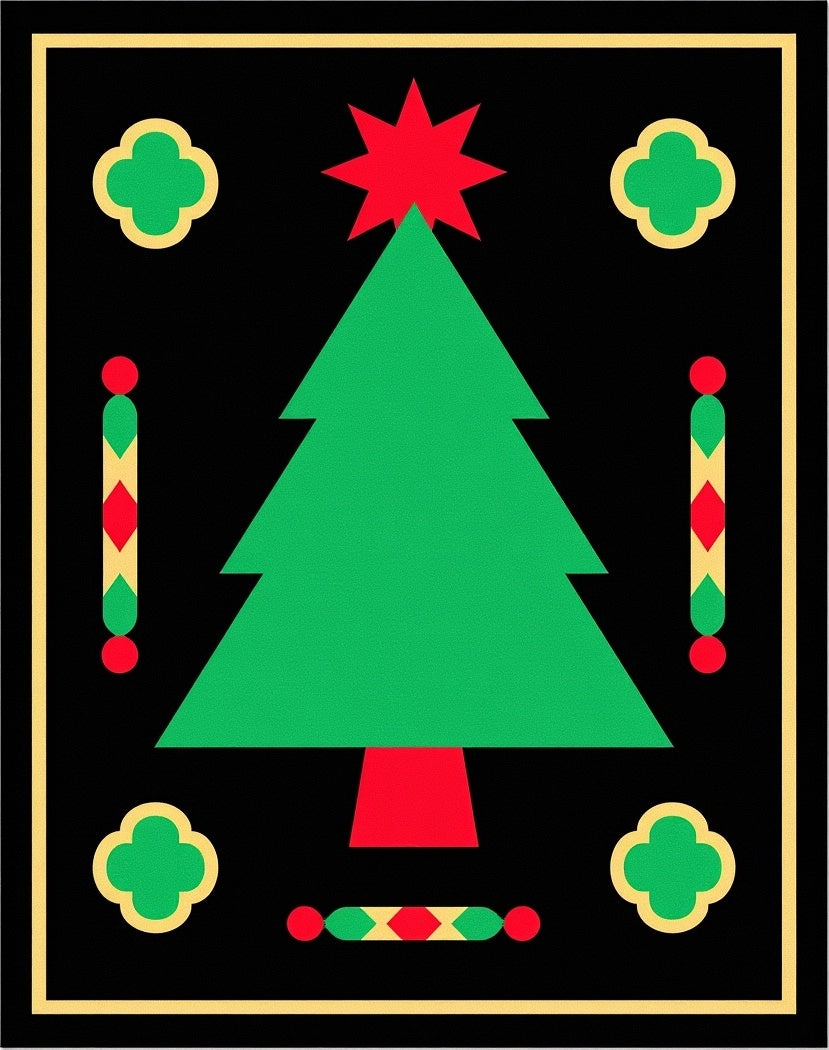 Festive Green Christmas Tree Black Border Rug