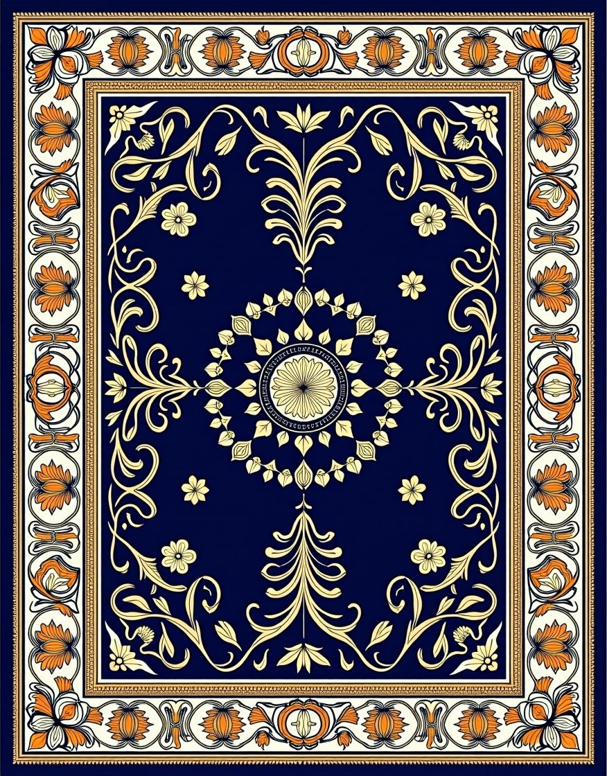 Ornate Midnight Blue Floral Medallion Rug