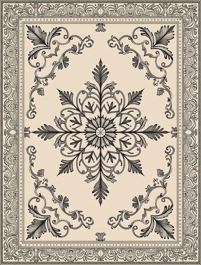 Classical Black and Cream Floral Medallion Rug