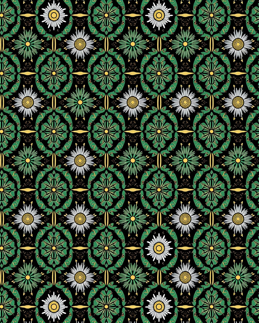Green Daisy Floral Art Deco Rug