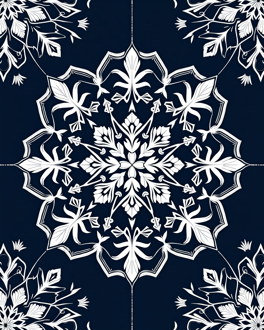 Navy White Ornate Floral Mandala Rug
