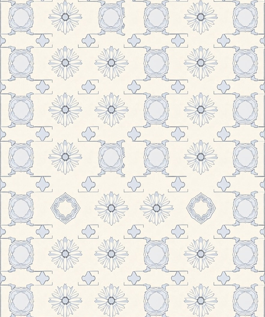 Soft Blue Ivory Floral Square Medallion Rug