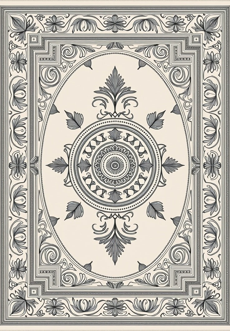 Cream and Charcoal Floral Medallion Rug