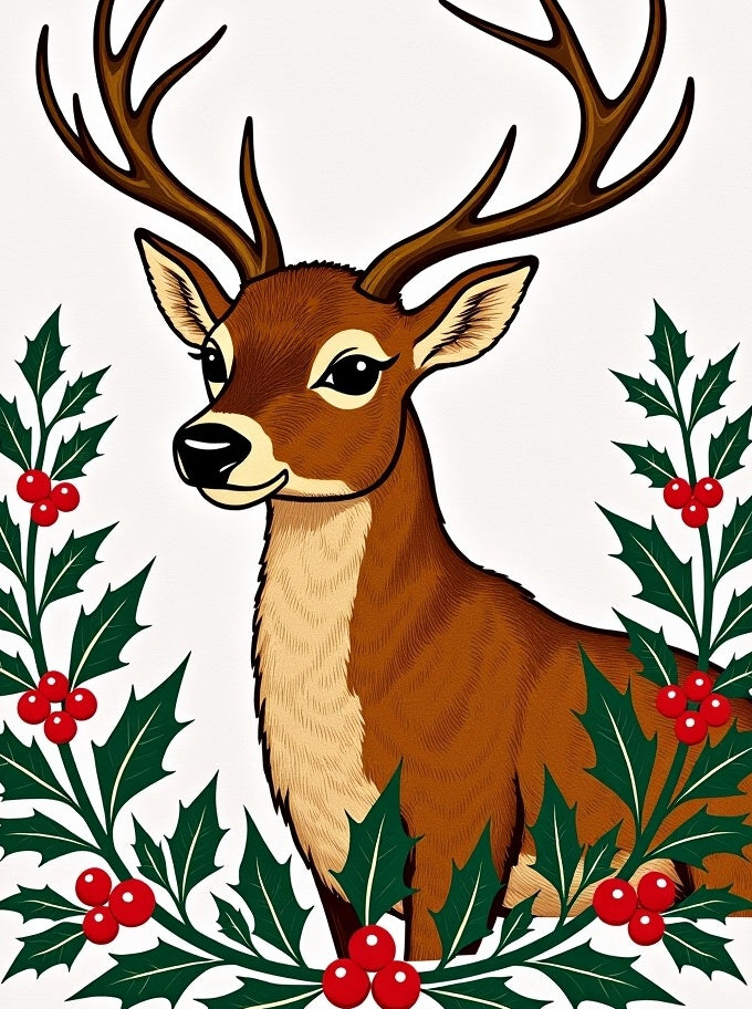 Festive Brown Deer Holly Borders Rug