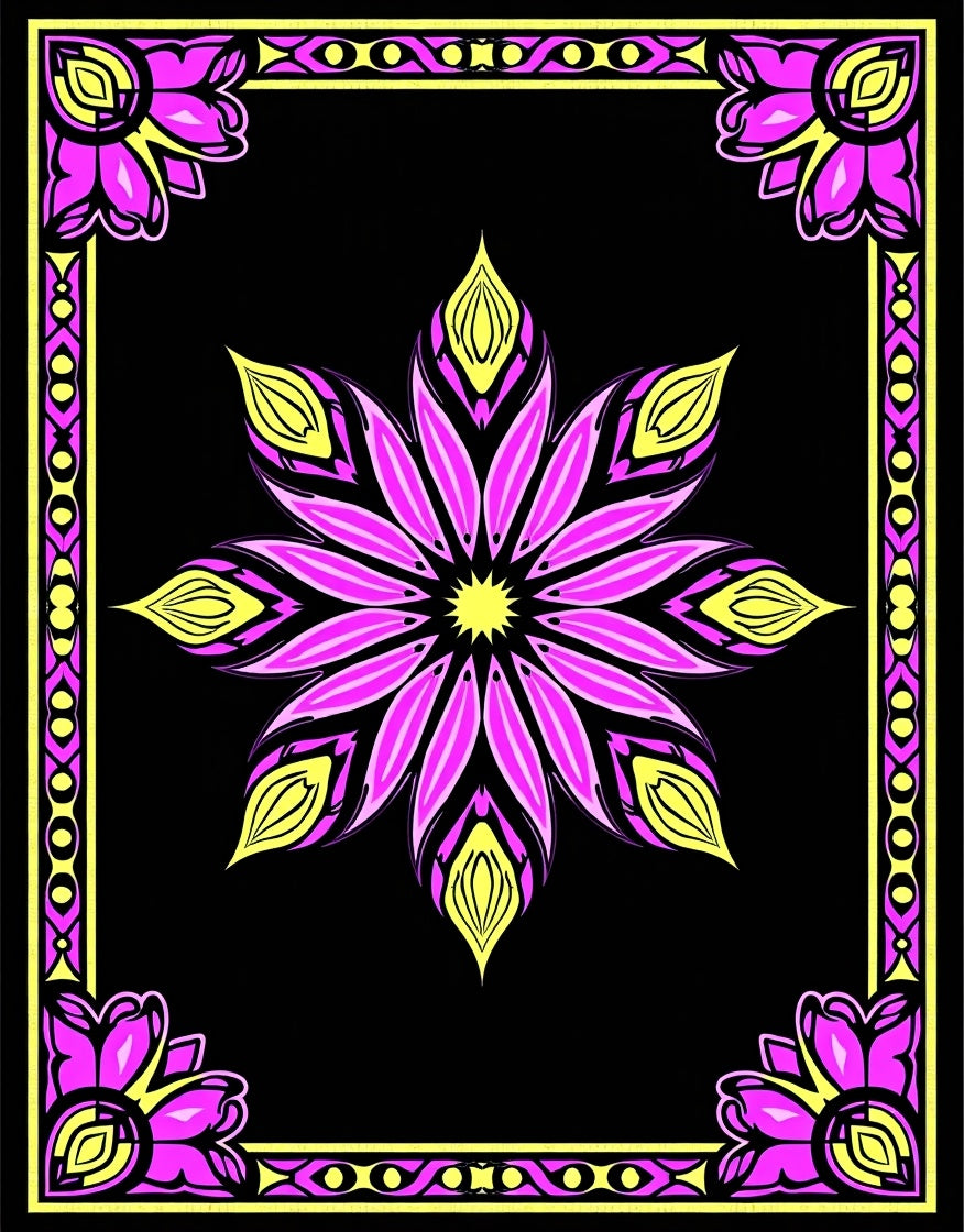 Bright Pink Yellow Floral Frame Rug