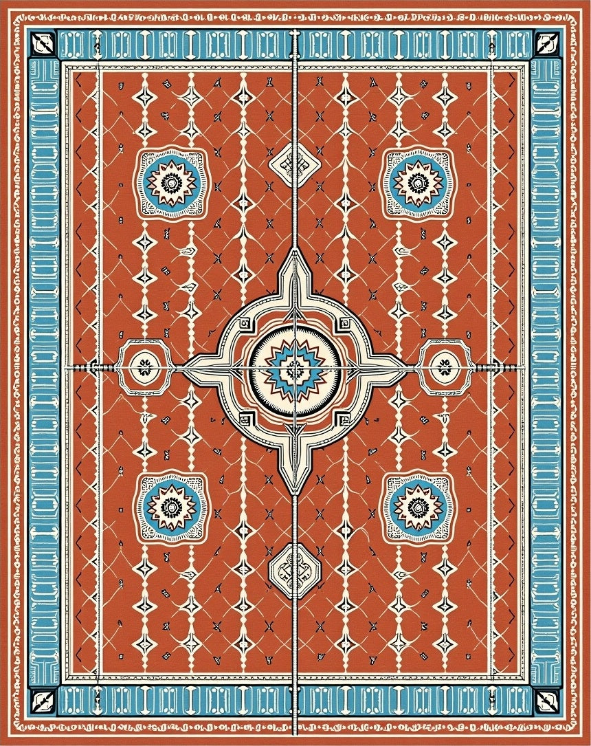 Terracotta And Azure Geometric Starburst Rug