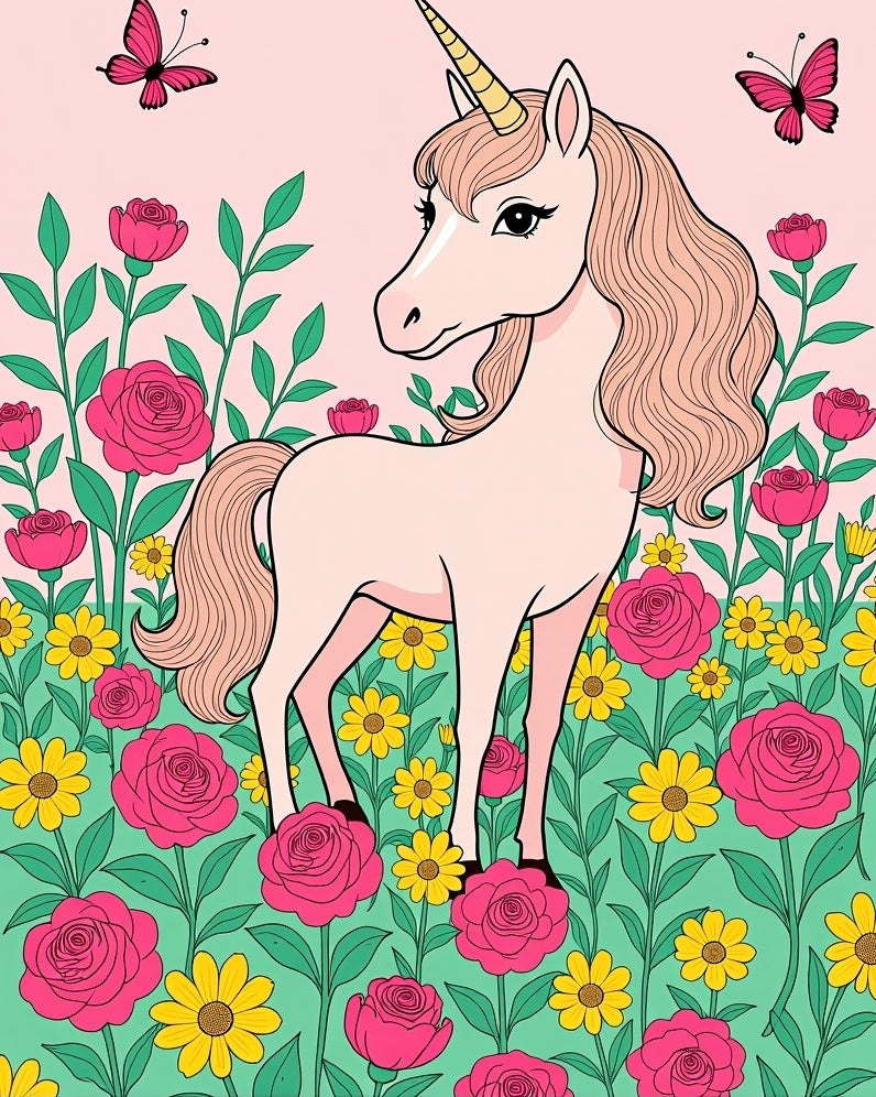 Pink Unicorn Butterflies Roses Garden Rug