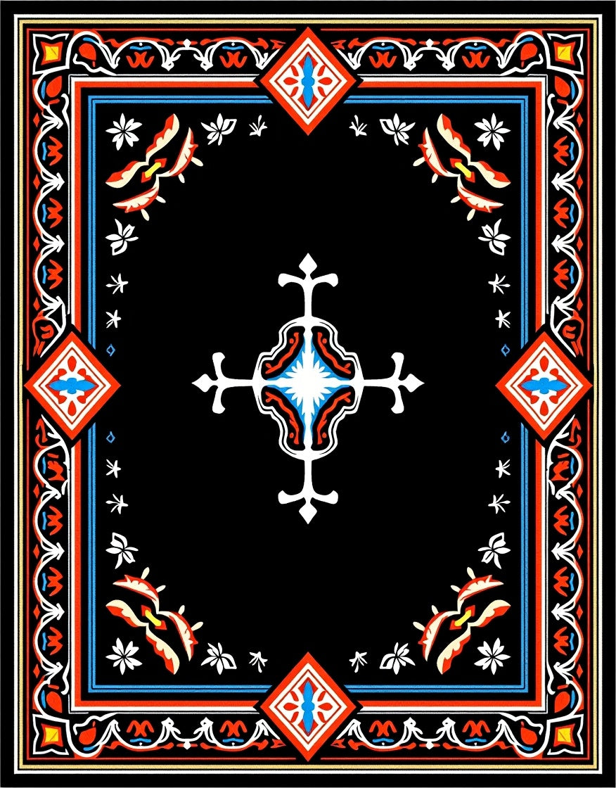 Bold Black Red White Geometric Medallion Rug