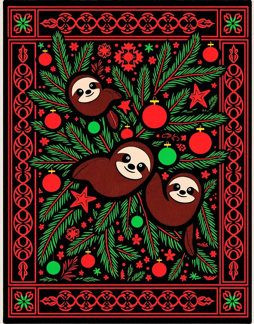 Festive Sloth Christmas Needlepoint Rug