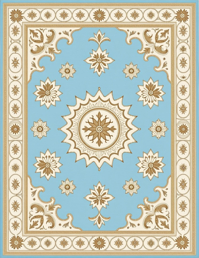 Light Blue Golden Floral Medallion Rug