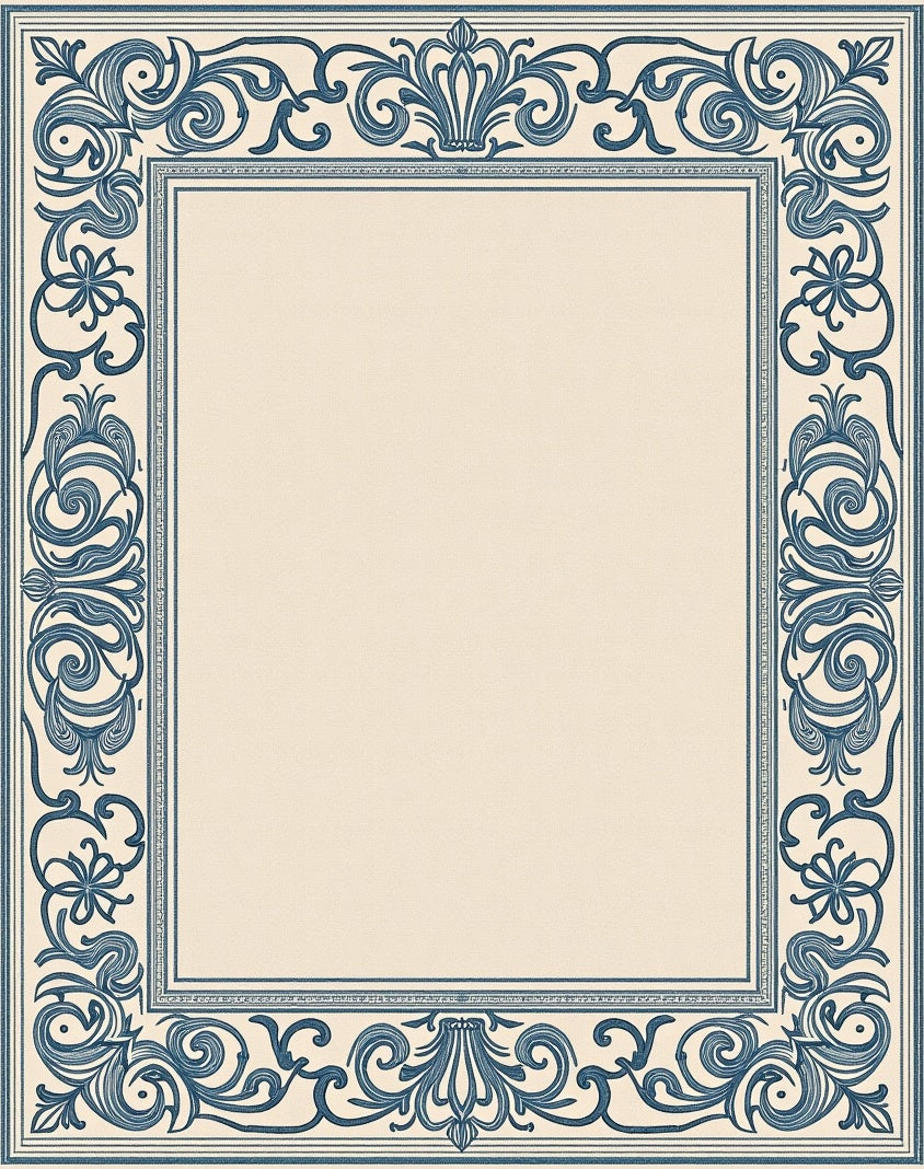 Ornate Blue Floral Scrollwork Centerpiece Rug