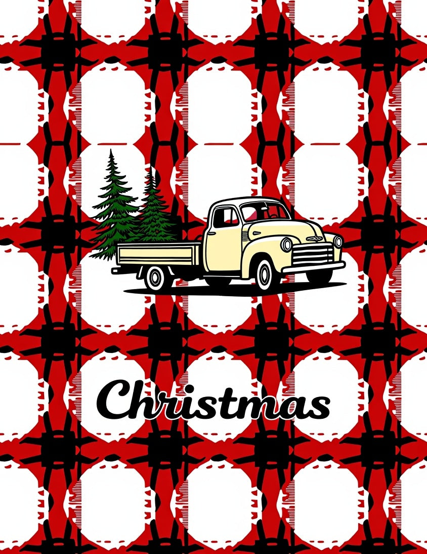 Red Black White Plaid Truck Trees Rug