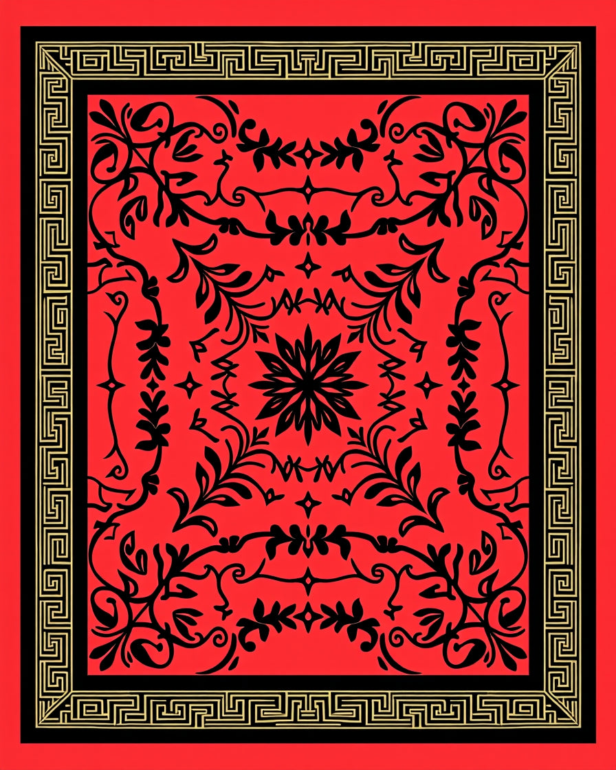 Red Black Floral Geometric Border Rug