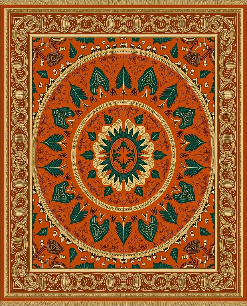 Terracotta Orange Emerald Leaf Medallion Rug