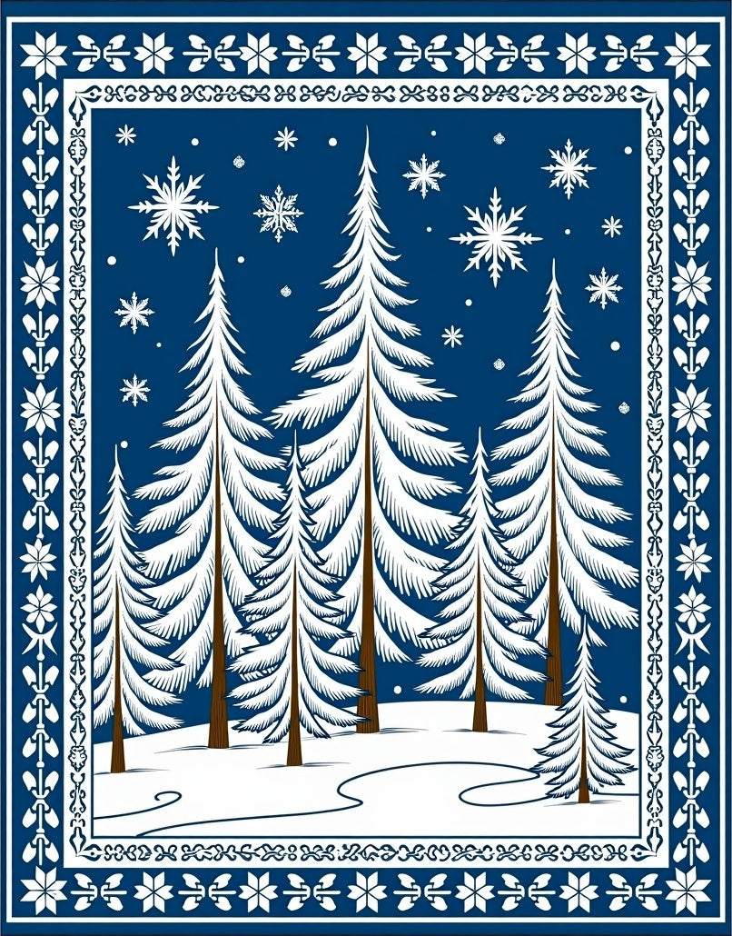Winter Forest Snowflakes Tree Border Rug