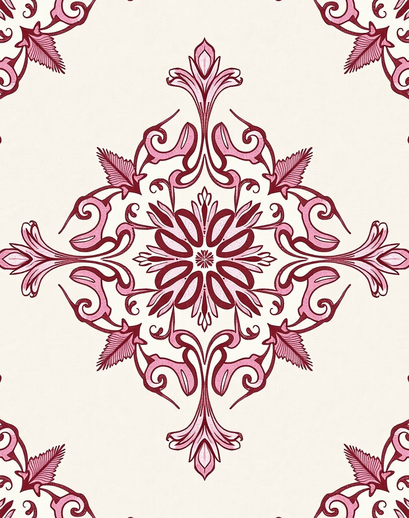 Rich Rose Petal Damask Medallion Rug