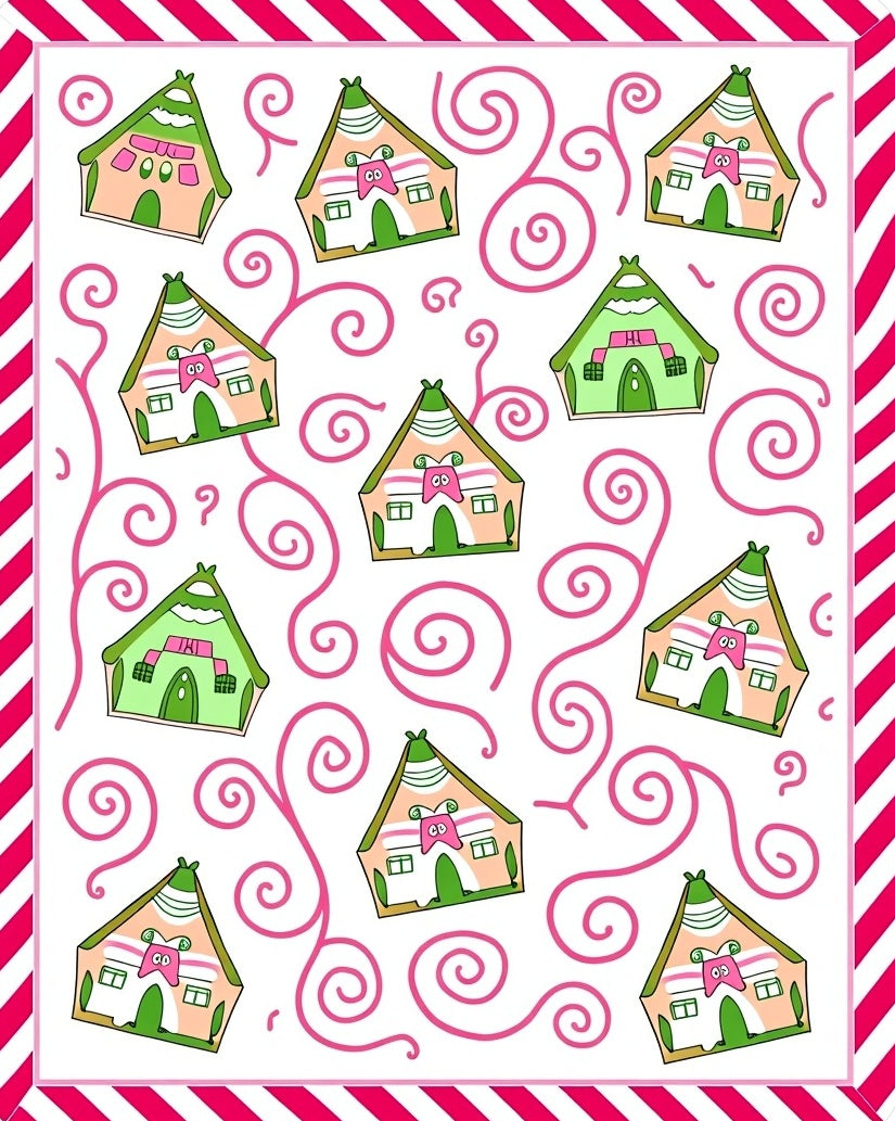 Playful Pink Green Whimsical Houses Rug