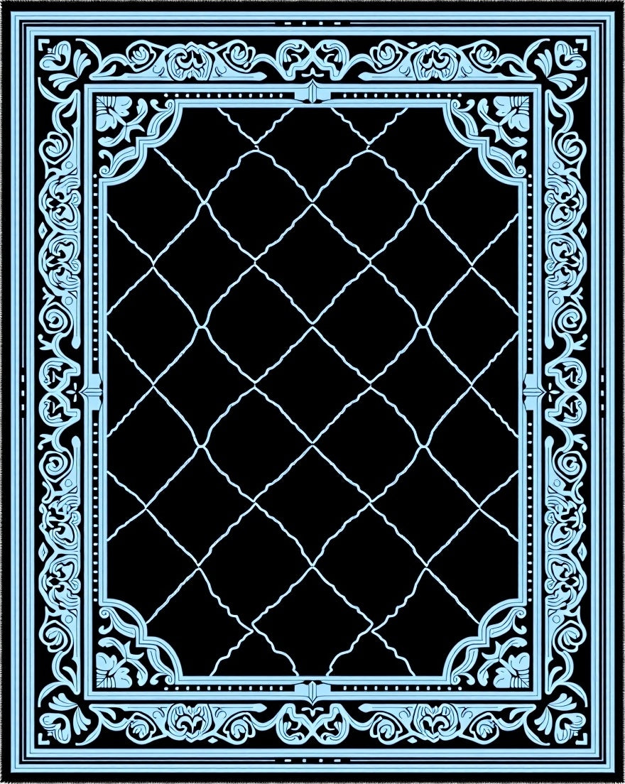 Black Light Blue Scrollwork Diamond Lattice Rug
