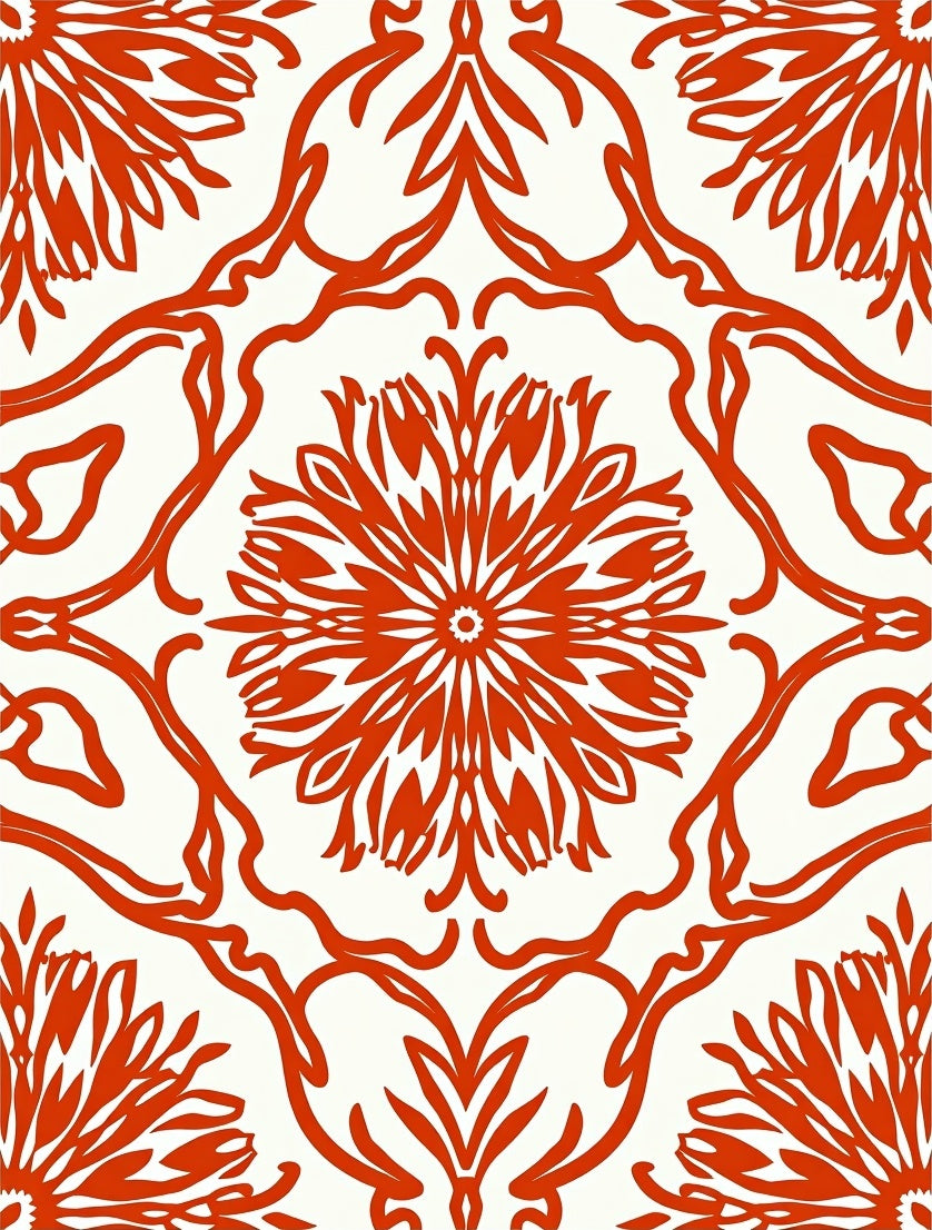 Bold Red Floral Medallion Scroll Rug