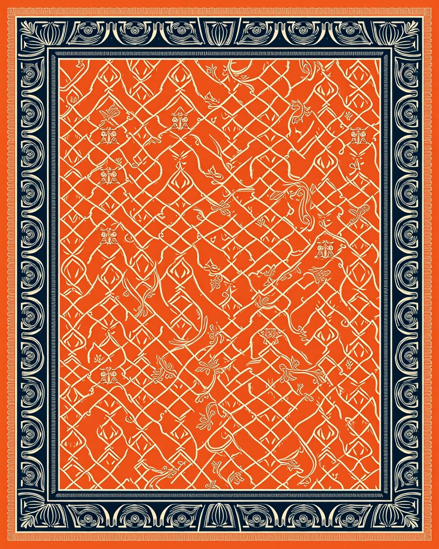 Vibrant Orange Lattice Floral Border Rug