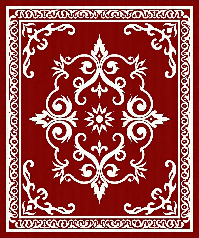 Crimson White Scrollwork Central Ornament Rug