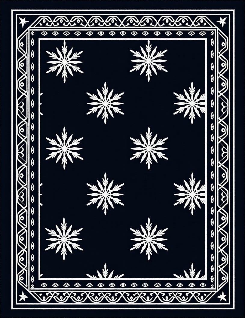 Dark Navy White Snowflake Scattered Border Rug