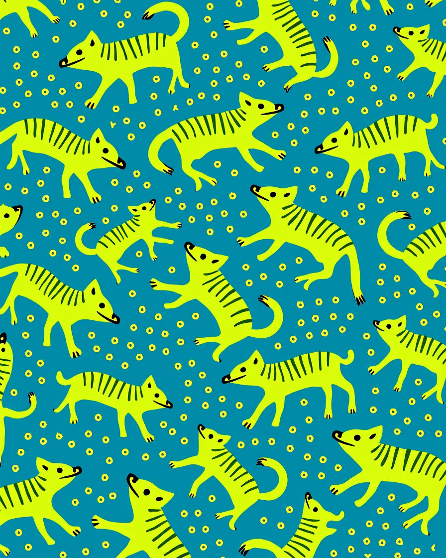 Vibrant Yellow Striped Canines Blue Field Rug