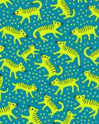 Vibrant Yellow Striped Canines Blue Field Rug