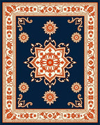 Navy Blue Floral Medallion Cream Border Rug