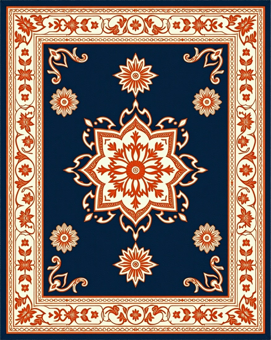 Navy Blue Floral Medallion Cream Border Rug