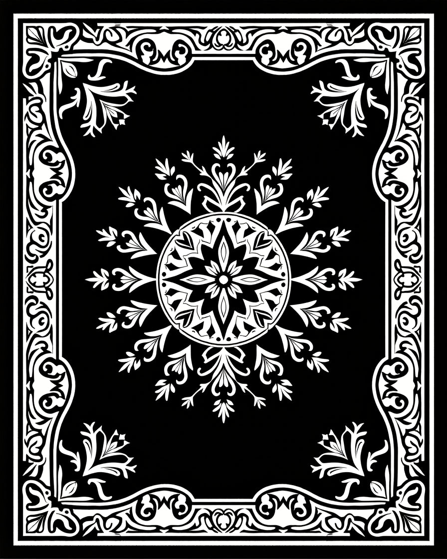Black White Ornate Floral Mandala Rug