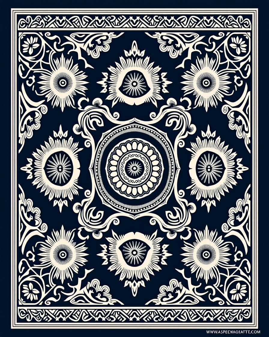 Navy Ivory Floral Sun Mandala Rug