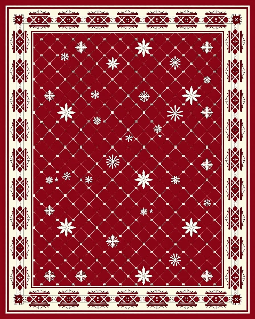 Crimson Snowflakes Lattice Border Rug