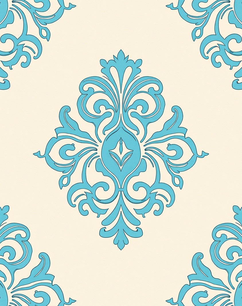 Aqua Damask Flourish Cream Rug