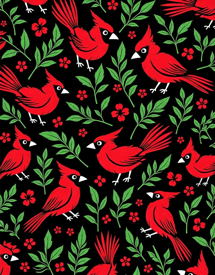 Red Cardinals Green Foliage Black Background Rug