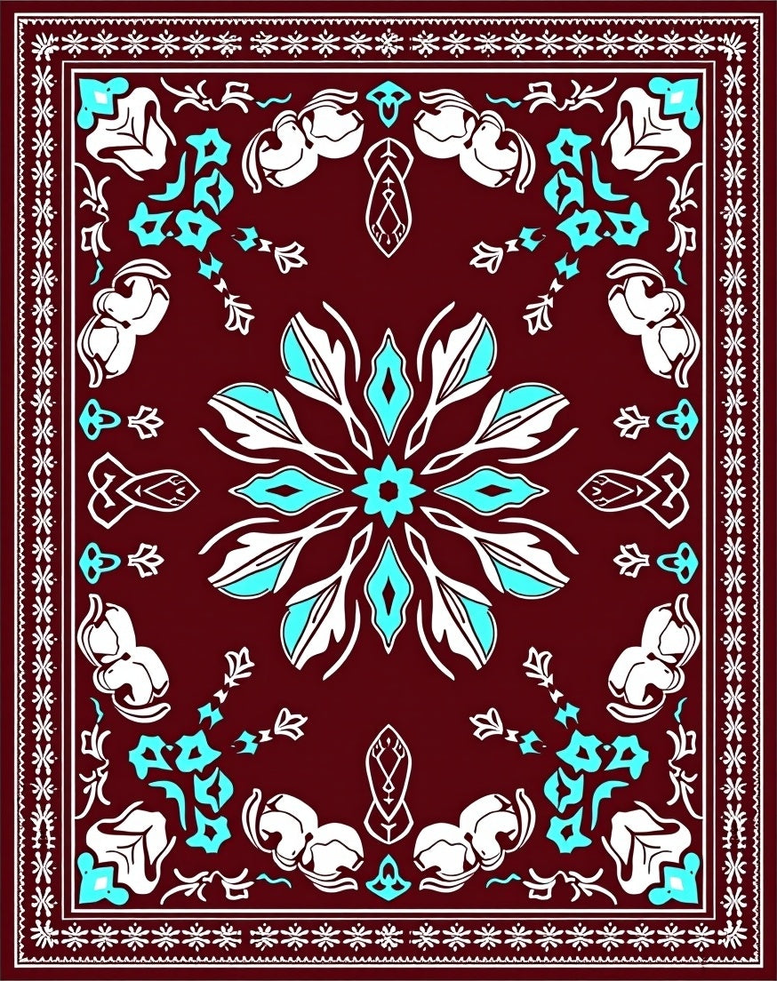 Deep Red Blue White Floral Mandala Rug