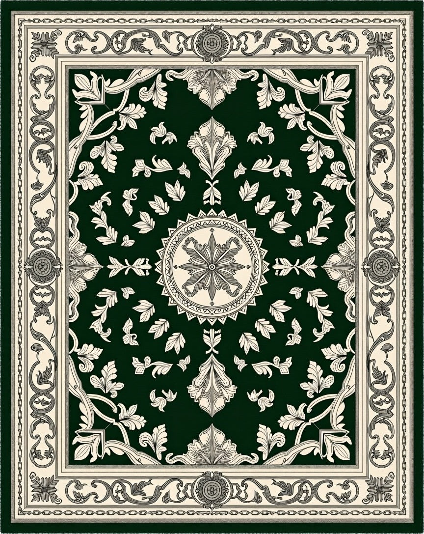 Ornate Cream and Green Floral Medallion Rug