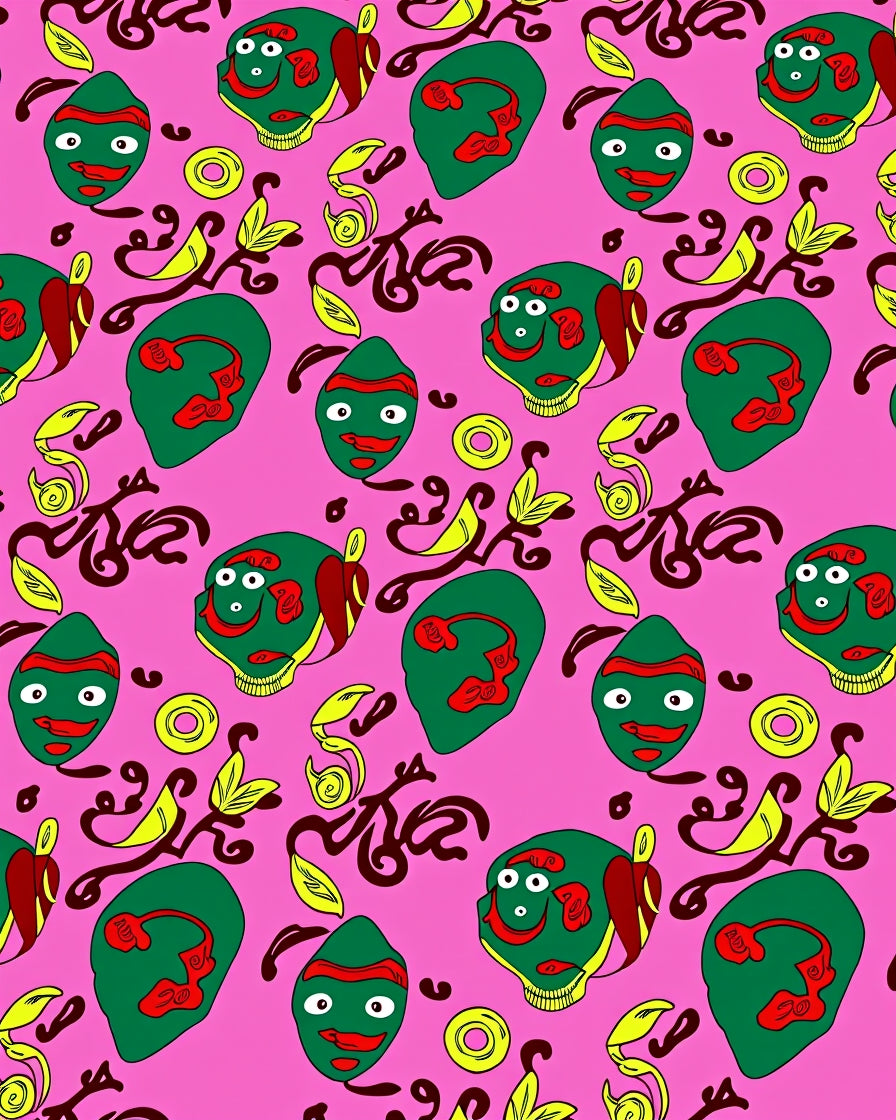 Whimsical Green Figures Scarlet Pink Rug