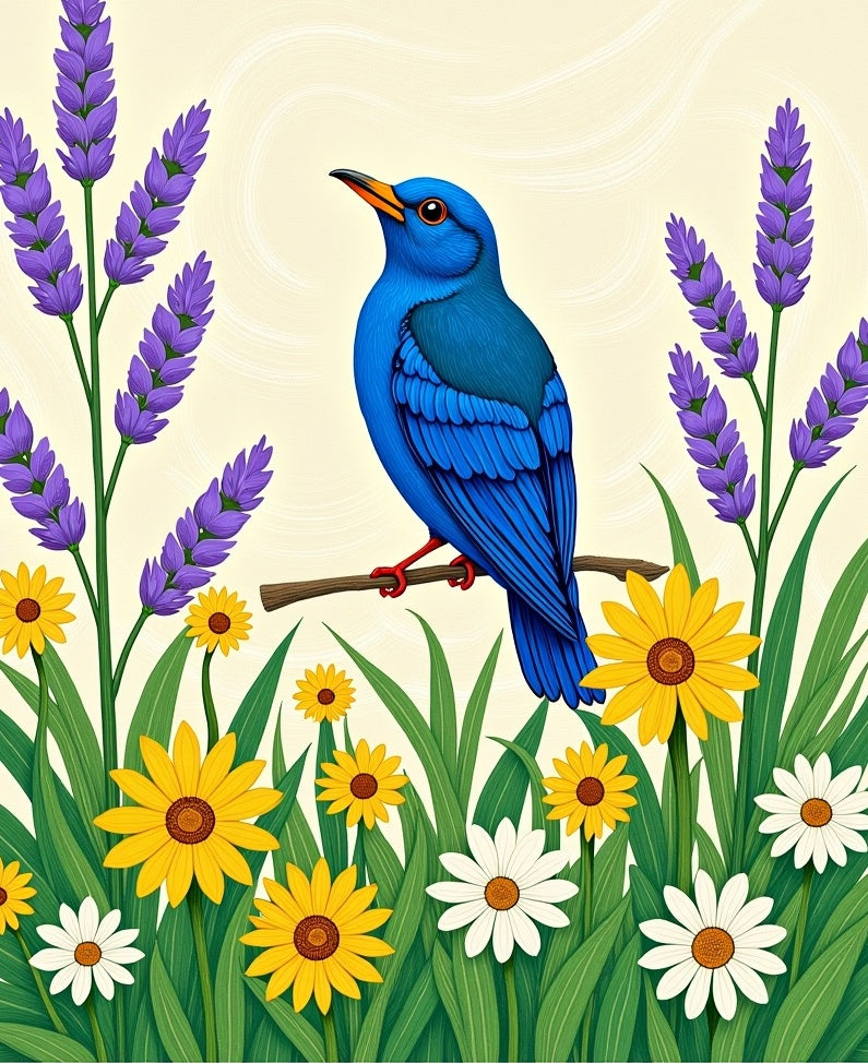 Vibrant Blue Bird Lavender Daisy Meadow Rug