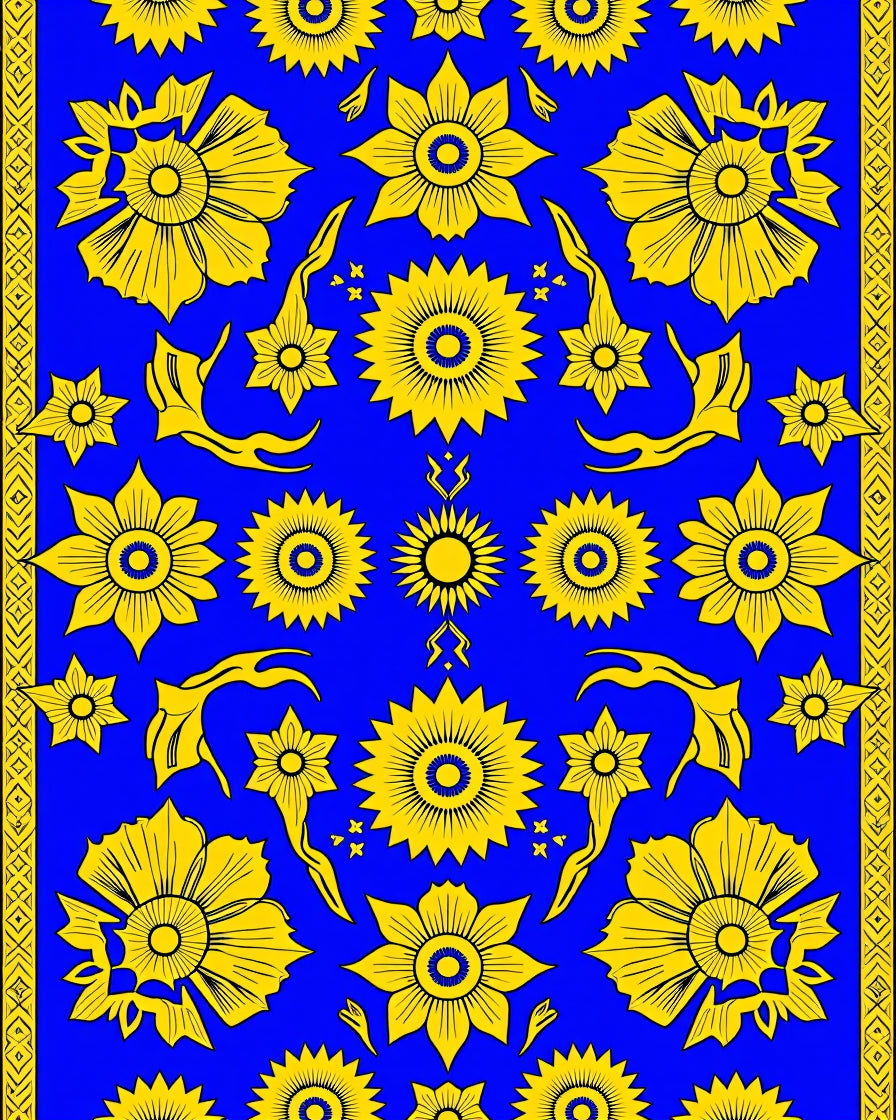 Vibrant Yellow Floral Medallion Blue Rug