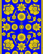 Vibrant Yellow Floral Medallion Blue Rug