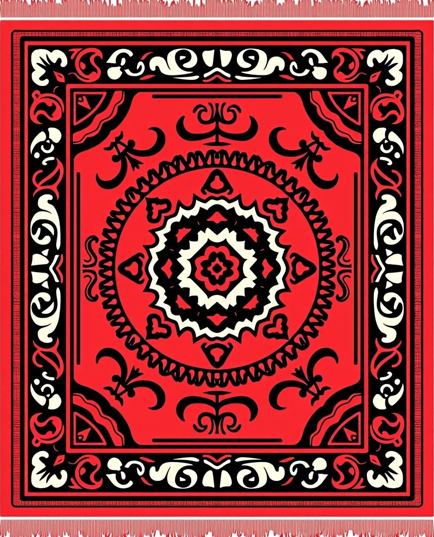 Vibrant Red Black Medallion Border Rug