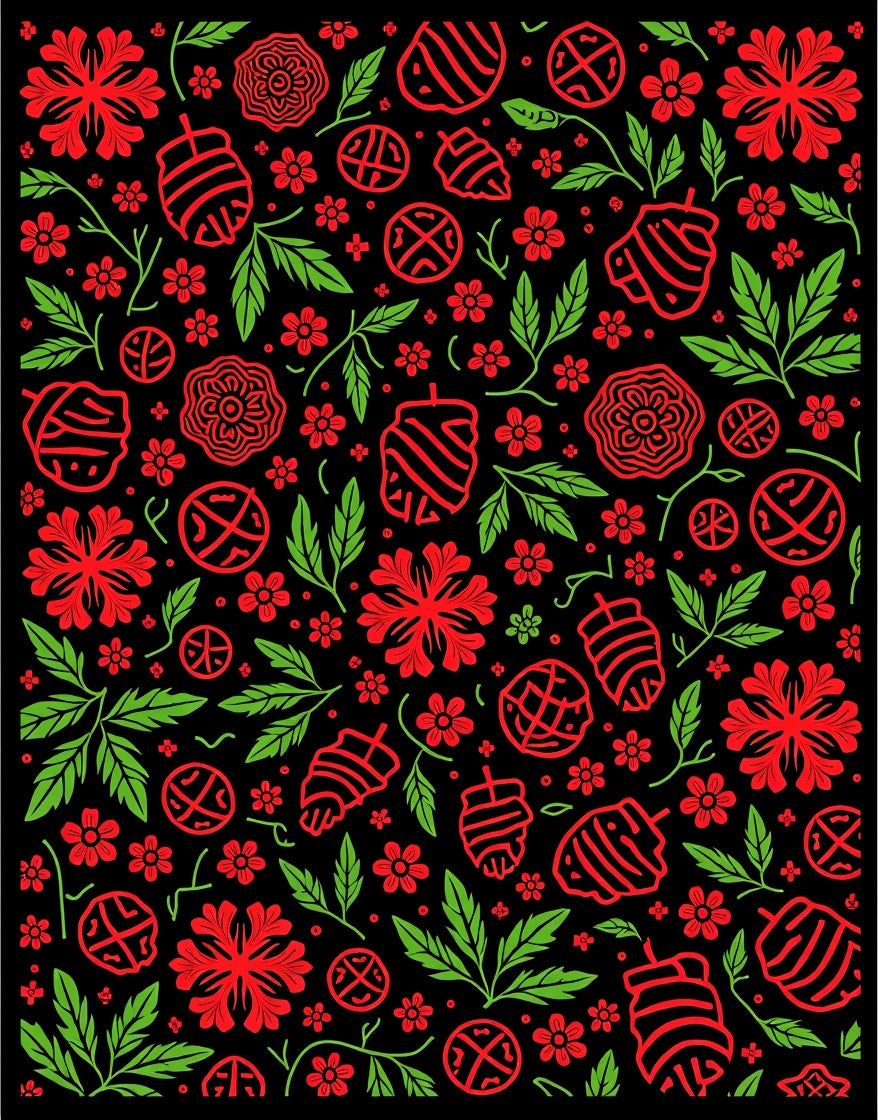 Bold Red Illustrated Floral Foliage Rug