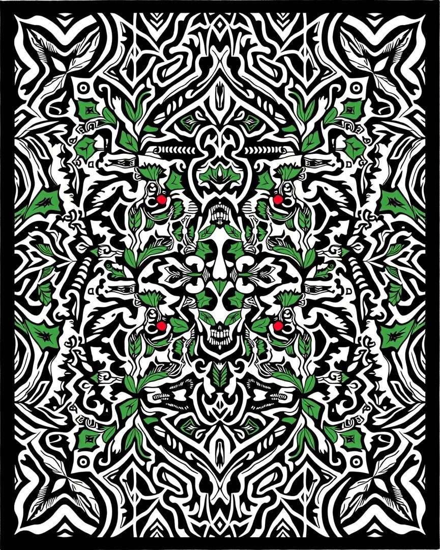 Monochromatic Black Green Skull Foliage Rug