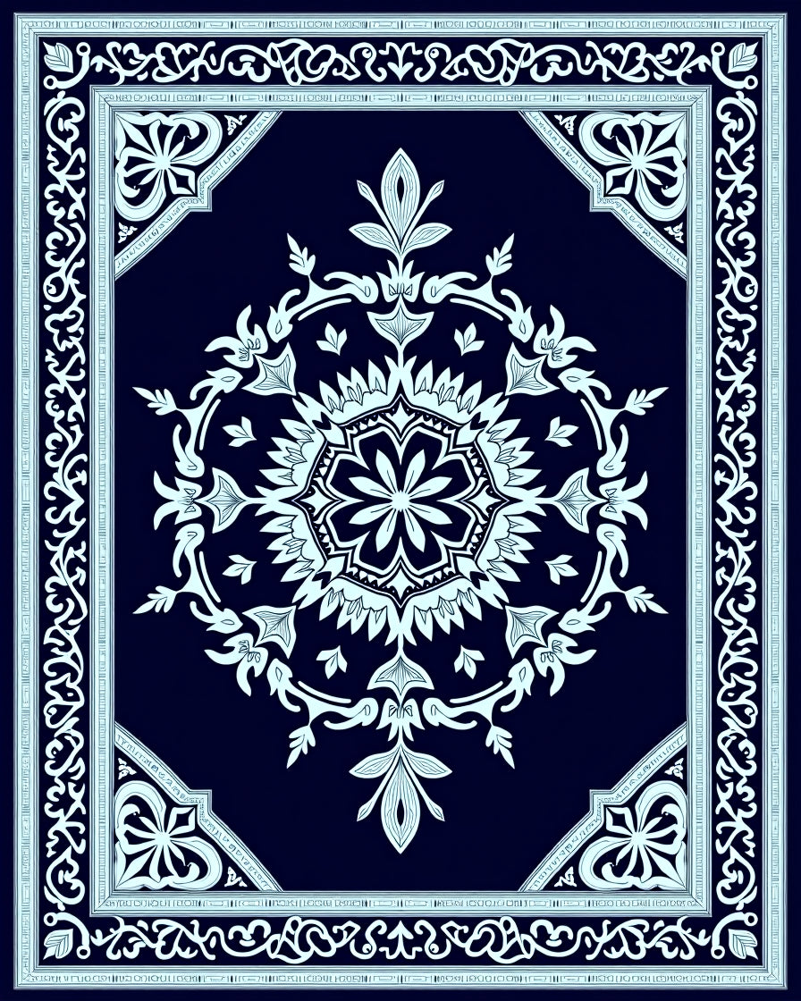 Dark Blue White Floral Medallion Border Rug