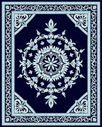Dark Blue White Floral Medallion Border Rug