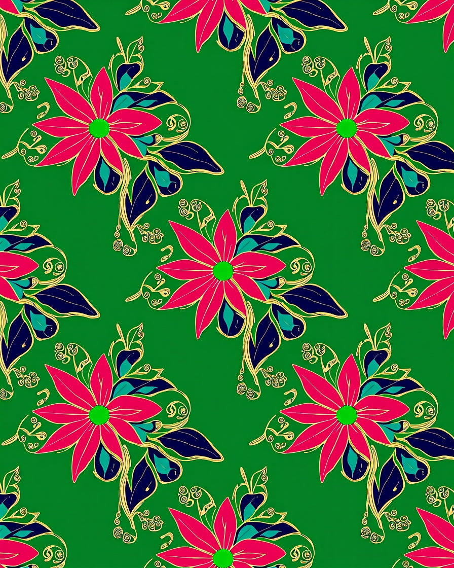 Vibrant Pink Floral Green Background Art Rug