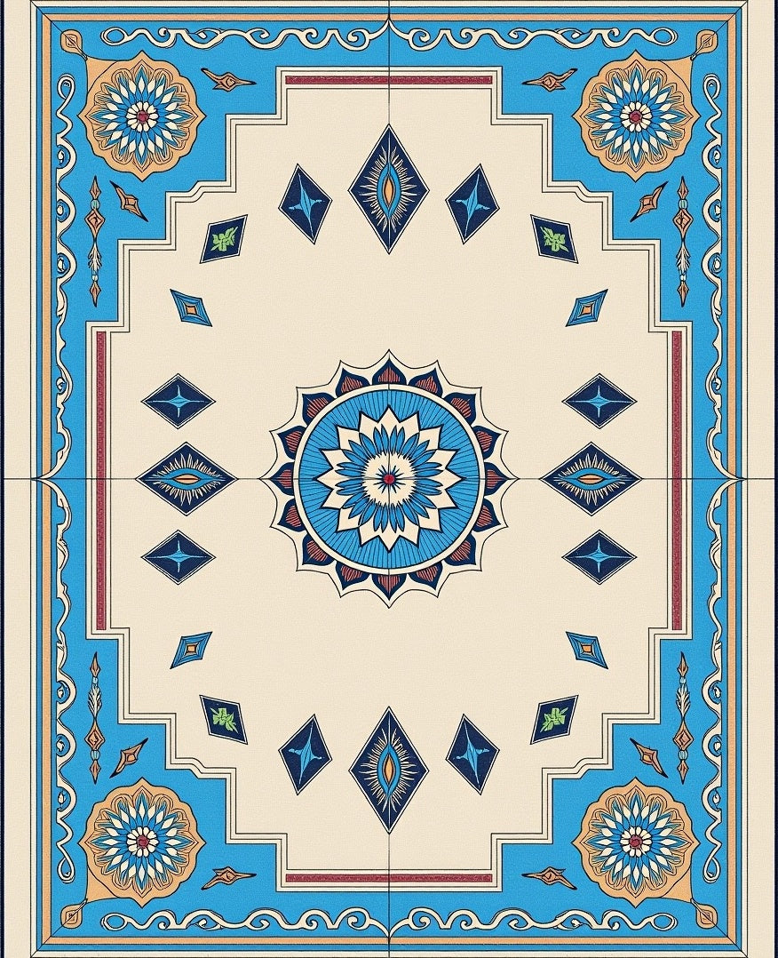 Turquoise Blue Medallion Diamond Arrangement Rug