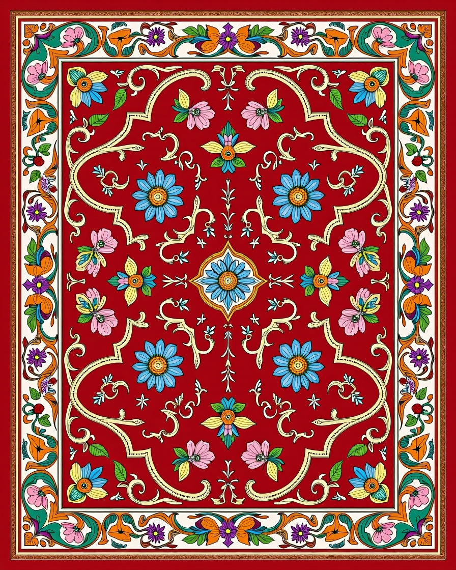 Ornate Red Floral Scroll Medallion Rug