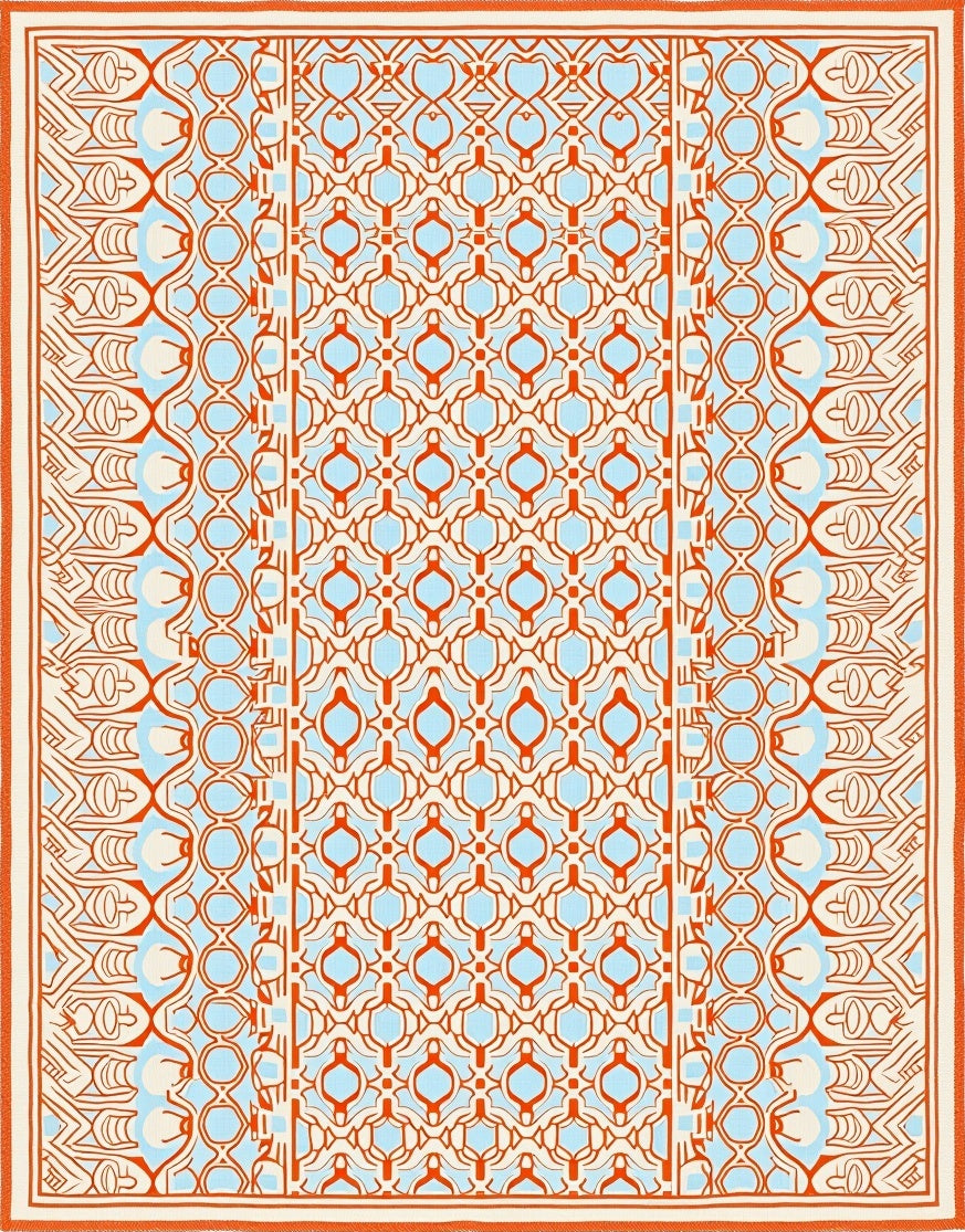 Orange Blue Geometric Lattice Frame Rug